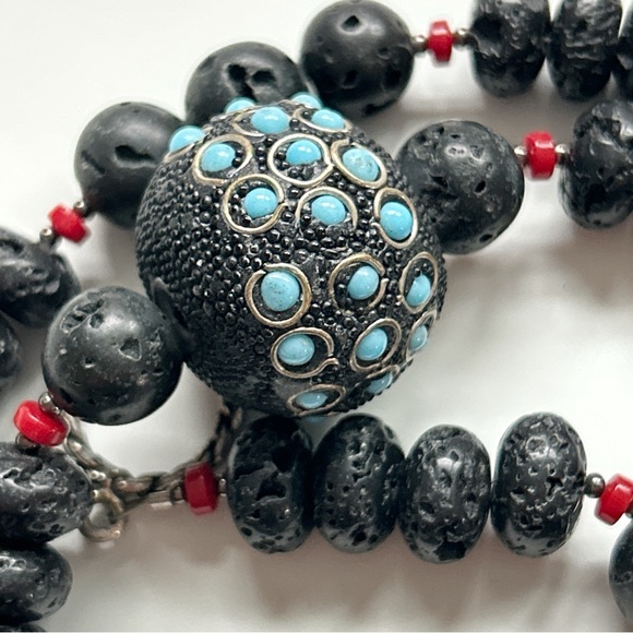 Statement Black Lava Bead Turquoise Coral Necklace - Picture 6 of 13